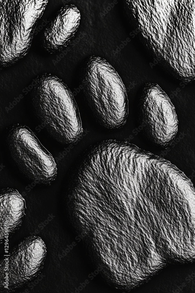 Fototapete a close up of a paw print made of rocks. the image has a dark and moody feel to it, with the rocks c