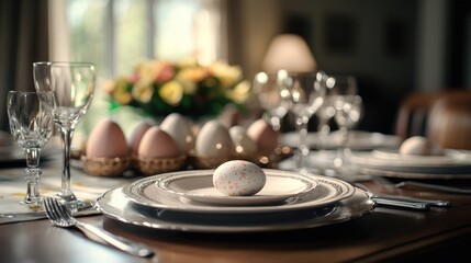 Obraz premium A table with a plate of food and a white egg on it. The table is set with a variety of utensils and glasses. Scene is elegant and sophisticated