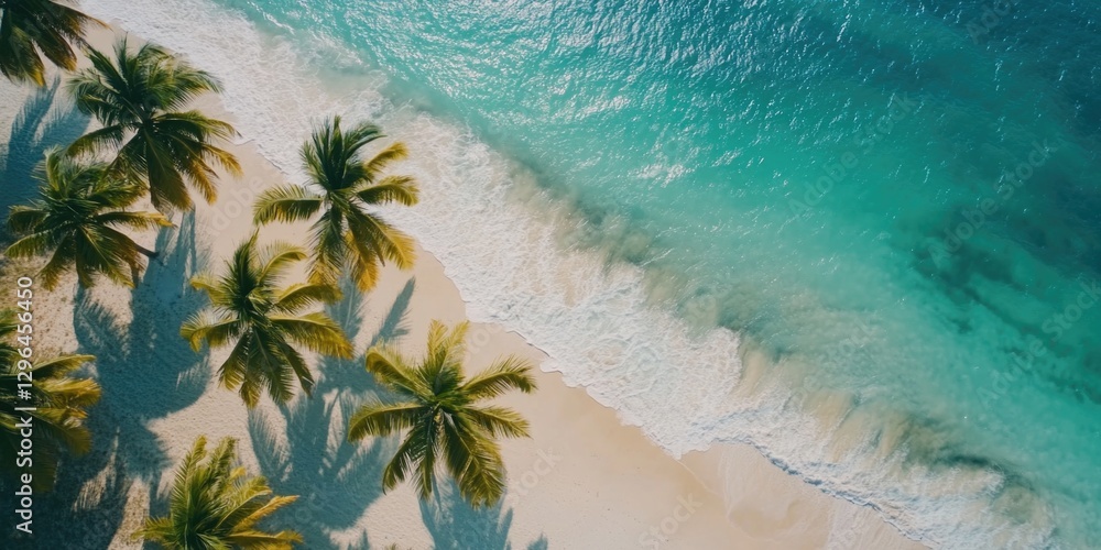 Poster a beautiful beach with palm trees and a blue ocean. the palm trees are casting shadows on the sand, 