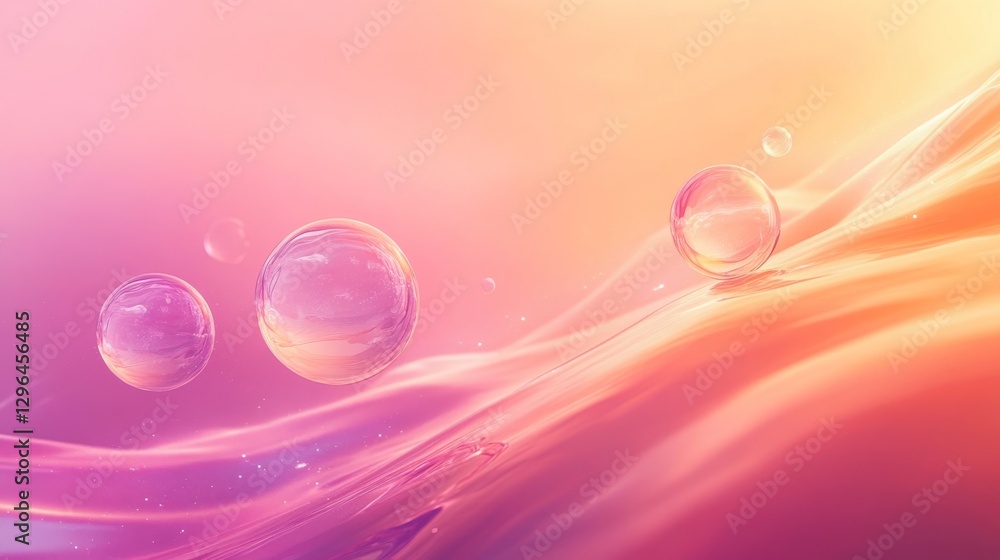Poster transparent spheres rolling across vibrant layered abstract wave forms