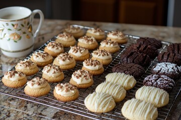 An assortment of cookies on a cooling rack, freshly baked and golden brown, with a cup of milk nearby