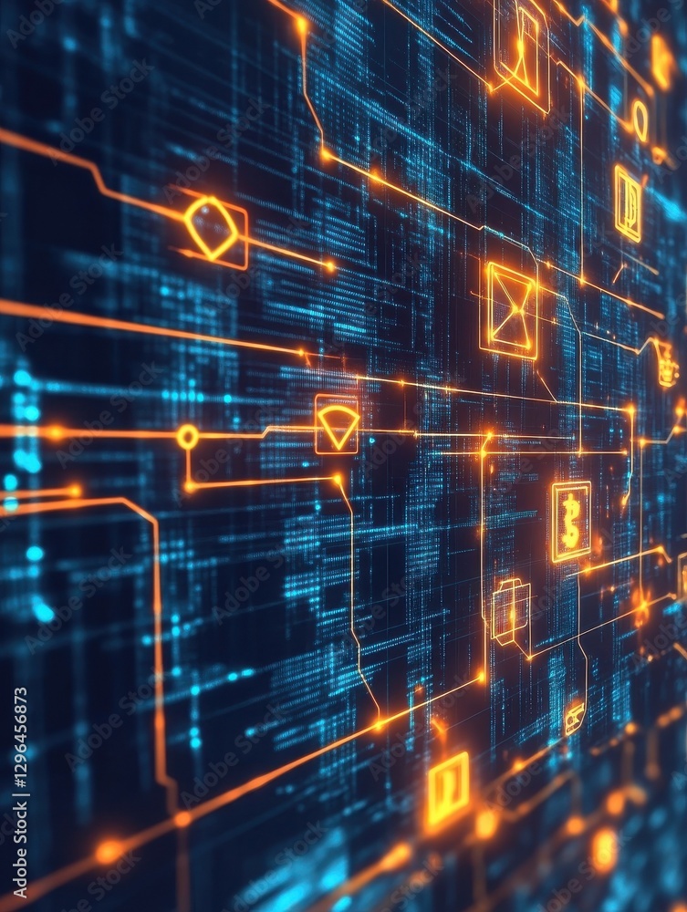 Poster cryptocurrency blockchain network background. bright glowing symbols. futuristic big data informatio