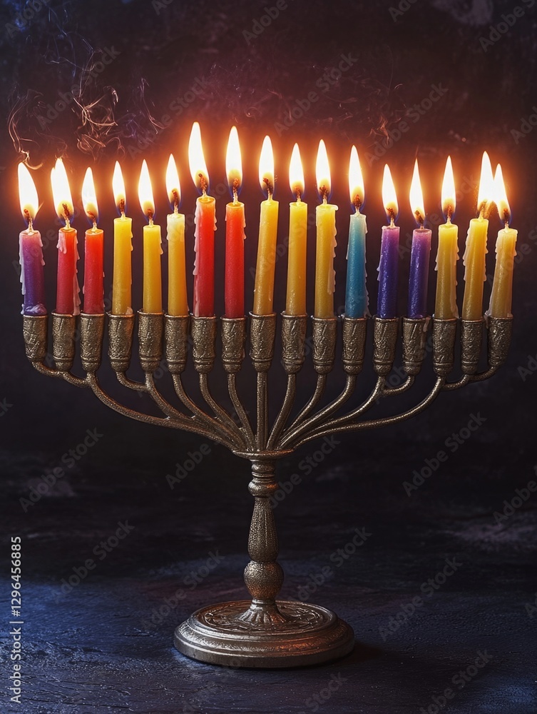 Poster a lit menorah with candles of different colors. the candles are lit up and arranged in a row