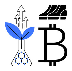 Blue leaves sprouting from a chemical flask with arrows indicating growth, a Bitcoin symbol, and stylized bar chart. Ideal for finance, cryptocurrency, sustainability, technology, growth, research