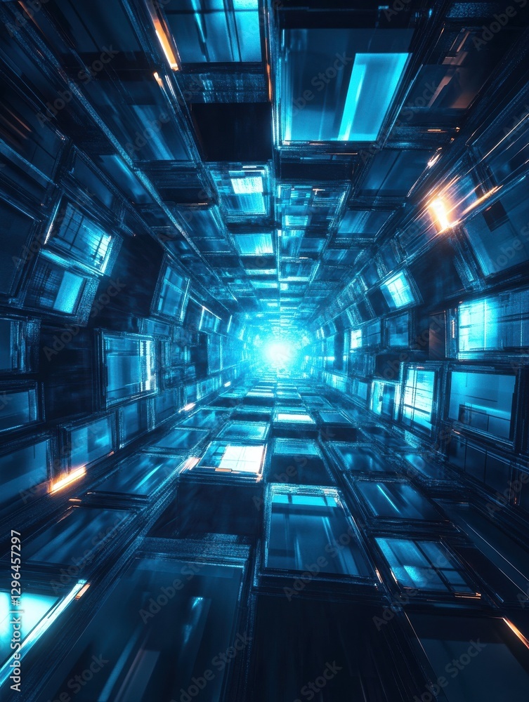 Poster futuristic, high tech, dark background, with a square block structure. wall texture with a 3d cube t