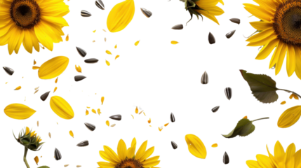 Sunflower petals and seeds falling on transparent background