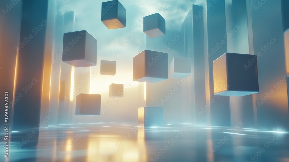 Poster floating cubes and pillars create an abstract futuristic landscape composition