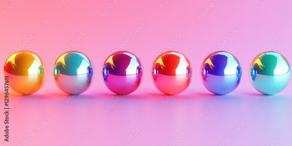 Poster a row of colorful spheres on a pink background. the spheres are of different colors and sizes, creat