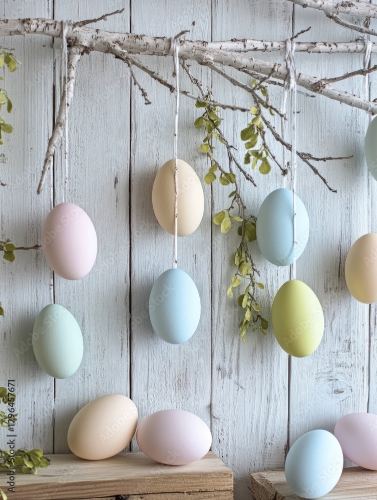 Poster a colorful display of easter eggs hanging from a tree branch. the eggs are of various colors, includ