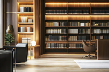 Law library with shelves of books and legal documents in a professional office. Law room office Library for study and learning. Interior photography detail of books on shelf in law firm.