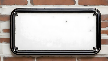 Blank white rectangular enamel sign with black frame on brick wall