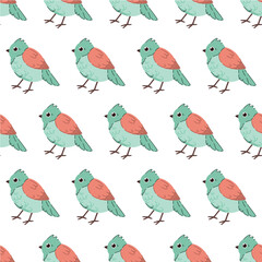 Seamless pastel pattern of bright birds. A spring painting on a white isolated background. Image for wallpaper, clothing, banners, postcards