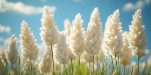 A field of tall, white grass with a blue sky in the background. The grass is swaying in the wind, creating a peaceful and serene atmosphere