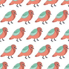 Seamless pastel pattern of bright birds. A spring painting on a white isolated background. Image for wallpaper, clothing, banners, postcards