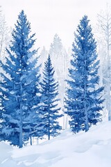 Obraz premium Two blue pine trees standing in a snowy forest. The trees are surrounded by a white background, which creates a serene and peaceful atmosphere