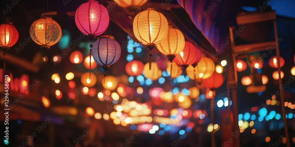 Poster a colorful display of lanterns hangs from the ceiling. the lights are bright and colorful, creating 