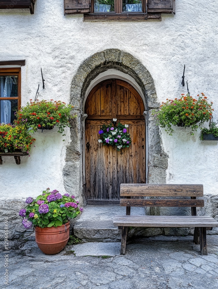 Poster a wooden door with a wreath on it sits in front of a white building. the door is open and a bench is