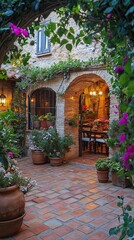 Naklejka premium Charming courtyard filled with colorful flowers and rustic decor inviting guests to a warm dining experience