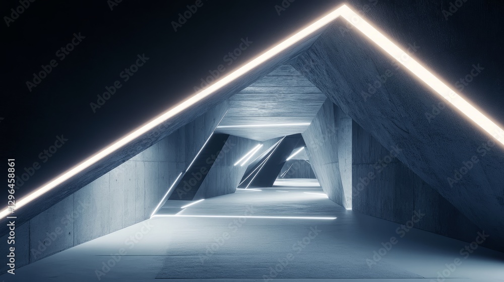 Poster minimalist geometric home glowing at night with hidden led strips outlining its sharp architectural 
