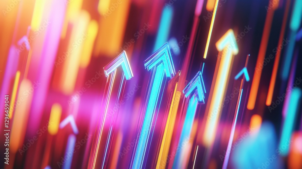 Poster sleek holographic upward arrows against a vibrant background symbolizing a dynamic business growth t