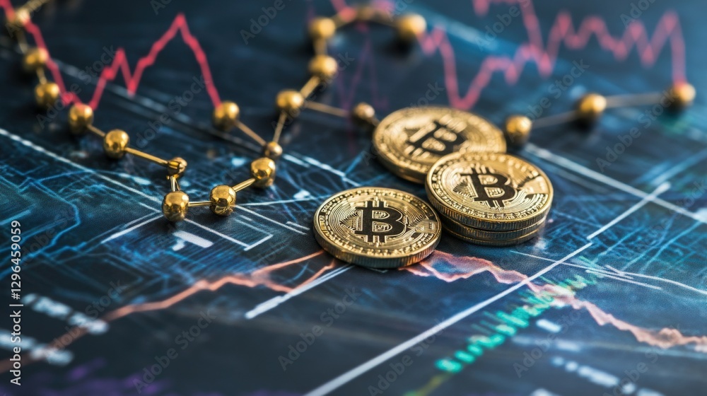 Poster bitcoin cryptocurrency coins stacked on a table with a smartphone displaying digital wallet interfac