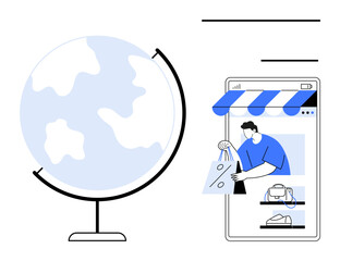 Globe and person shopping online with mobile device, store canopy. Ideal for globalization, e-commerce, online shopping, technology, international trade, digital markets consumerism. Abstract line