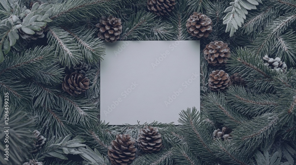 Poster a white card is surrounded by pine cones and branches. the pine cones are scattered throughout the i