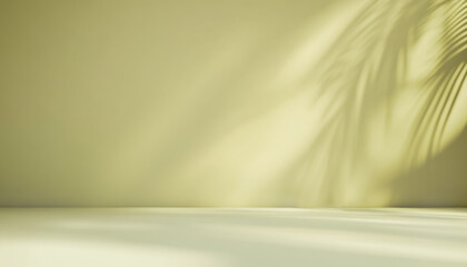 Minimalistic modern background with blurred shadows of palm leaves on green wall for travel and vacation product presentation.