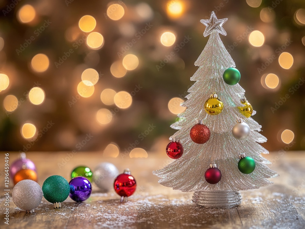 Poster a christmas tree with many ornaments on it. the tree is white and has a star on top. the ornaments a