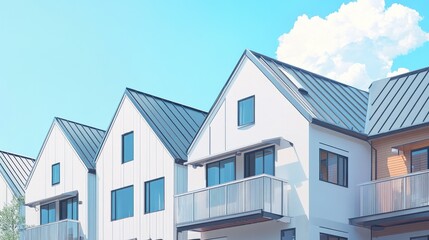 A row of modern townhouses with gray metal roofs and white walls, each house has an exterior balcony on the second floor Generative AI