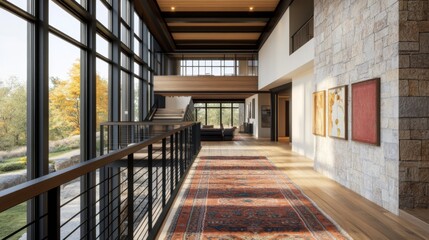 Obraz premium A spacious modern hallway featuring sleek design elements, large windows allowing natural light to flood in, and a stylish rug adding a pop of color