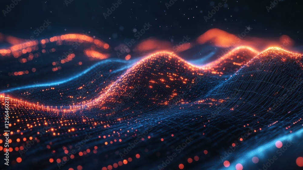 Poster abstract digital technology waves background with neon lines, futuristic cyber virtual landscape con