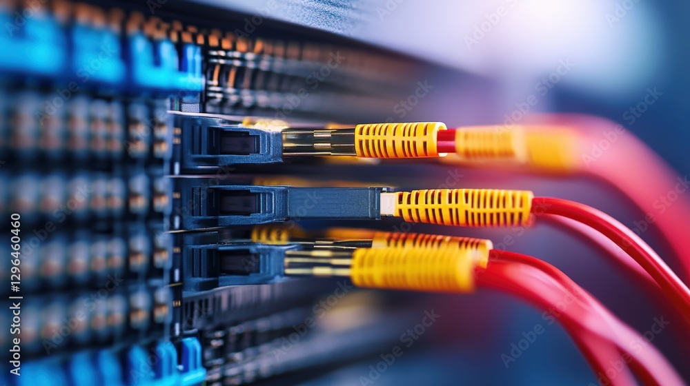Poster close up image of a network cable with a background of computer components and technology elements