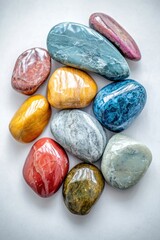 A collection of colorful rocks arranged in a pyramid shape. The colors of the rocks include red, yellow, green, blue, and purple. The arrangement of the rocks creates a visually appealing