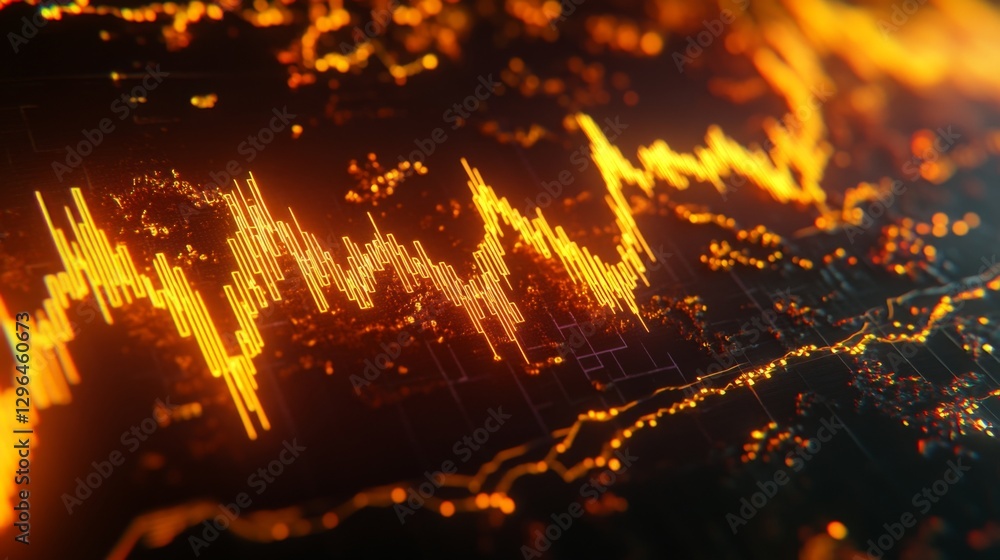 Poster a vibrant d stock market graph with interconnected nodes and lines showing a steep upward trend, set