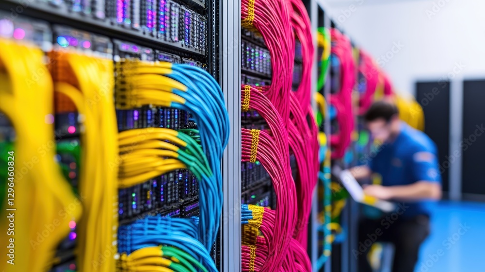 Poster server room with numerous cables and wires connected to network equipment and data storage systems