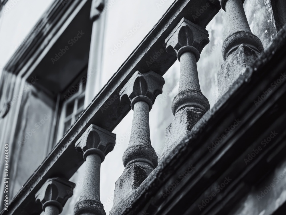 Poster a black and white photo of a balcony railing with a window in the background. the railing is made of