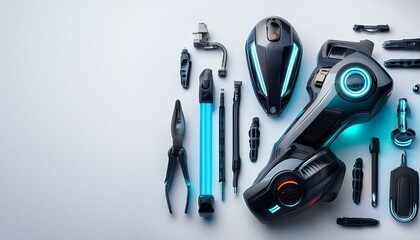 futuristic tools with glowing accents modern design on white background