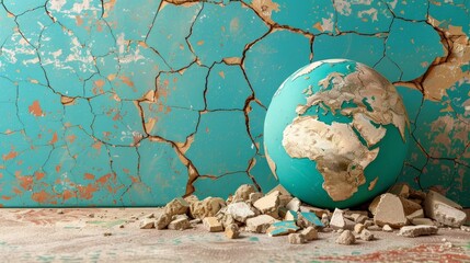 Shattered globe  a symbol of global fragility, crises, and ongoing conflicts worldwide