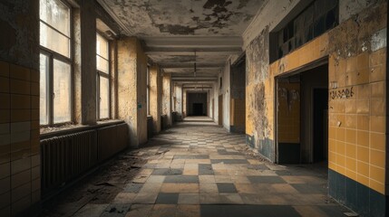The hallway is long and empty, with yellow walls and tiled floors. The walls are peeling and the floor is covered in debris. The hallway appears to be abandoned and in disrepair
