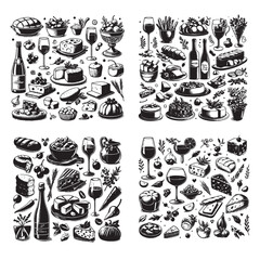 chalk food vector illustrations. wedding dinner icons, wine or champagne glasses, cheese, and charcuterie drawings for wedding invitations, cafe menus, and parties.