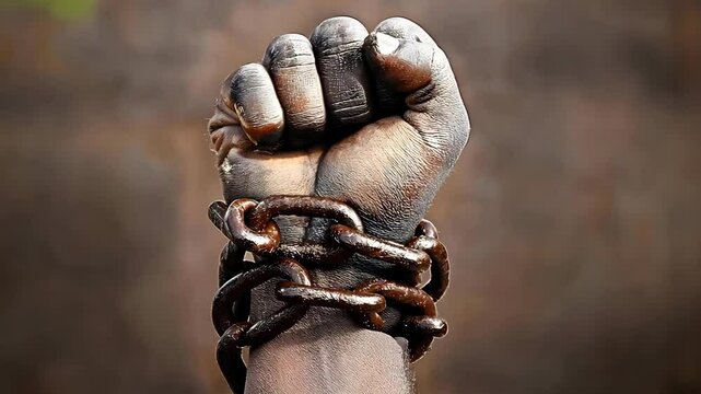 A dirty hand is tightly clenched into a fist, bound by a rusty chain, symbolizing struggle, captivity, and resilience in the face of adversity and oppression.