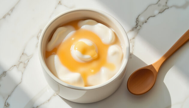 Inviting taho bowl topped with caramel syrup, warm afternoon light