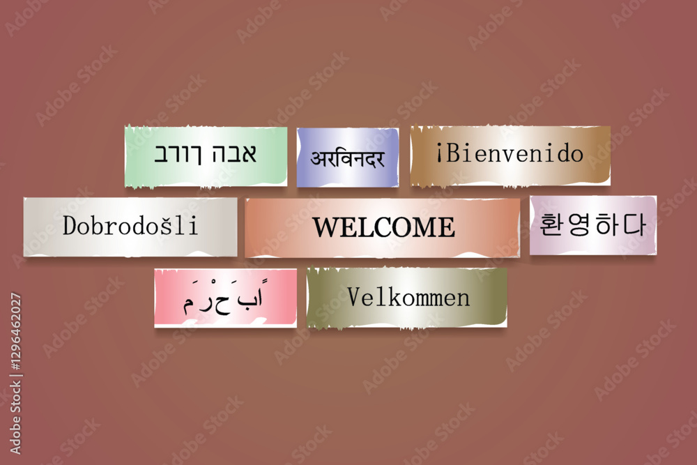 Fototapete welcome word cloud sticky notes papercut printed on paper on a color background vector illustration 