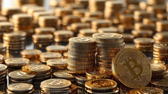 Stack of shiny gold bitcoin coins with a digital photo on a wooden surface background