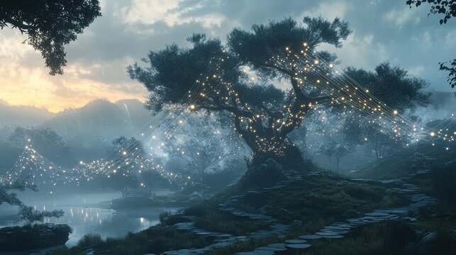 A digital landscape with interconnected blockchain nodes, data flowing between them, representing the secure and transparent nature of blockchain technology in a decentralized digital ecosystem