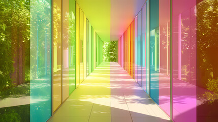 A futuristic corridor with rainbow reflections on mirrored walls, creating a vibrant, dreamlike, and immersive space. . luminous infinite corridor. illustration. Infinity Mirror Corridor. Illustration
