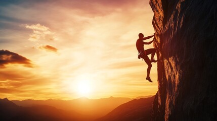 Naklejka premium Rock Climbing Athlete, at Sunset Sky in Nature Scene.