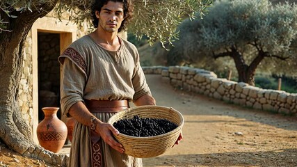 An ancient farmer with a crop basket in an olive grove symbolizes agriculture