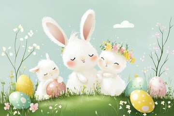 Fototapeta premium Baby Animals Celebrating Easter Together A joyful illustration featuring a bunny, a chick, and a lamb sitting together on a grassy hill, 